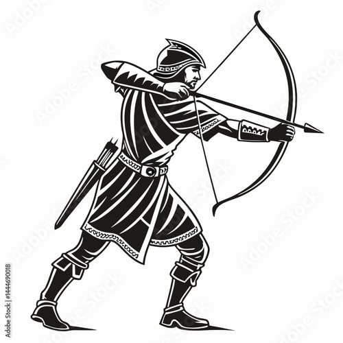 Black & White Archer, Medieval Warrior with Bow and Arrow, Aiming to Shoot