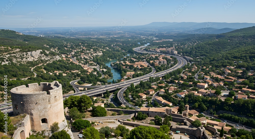Obraz premium Castle Overlooking Highway and River Valley in France