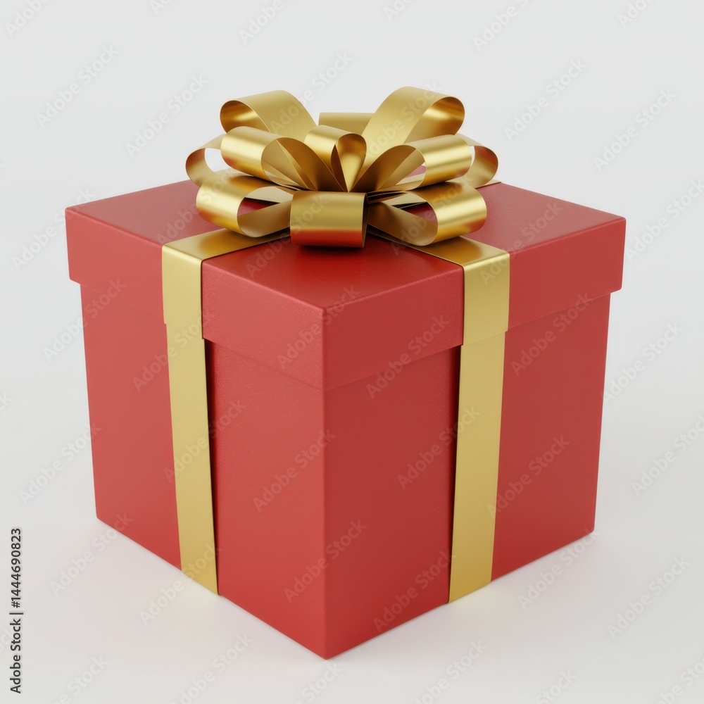 A red gift box with a gold ribbon and bow sitting on a white surface in a studio setting A red gift box with a gold ribbon and bow sitting on a white surface in a studio setting