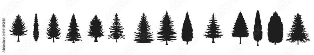 Collection of pine tree silhouettes. Various shapes of fir tree silhouettes. Collection of pine tree silhouettes. Various shapes of fir tree silhouettes.