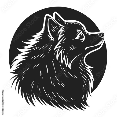 Pomeranian Silhouette, Breed Dog Portrait, Fluffy Pet Head, Black and White Animal Design
