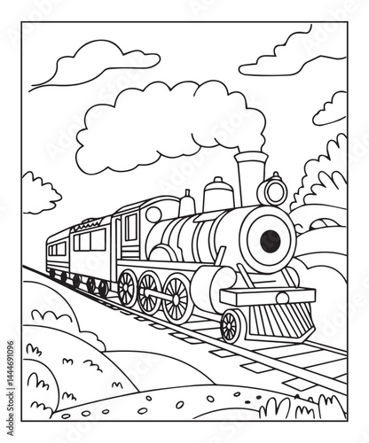 Beautiful steam train coloring page for kids, black line art vector illustration on white background