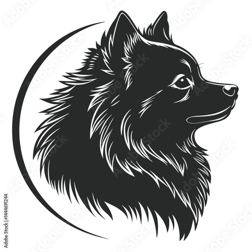 Black Silhouette Pomeranian Dog Head in Profile, Detailed Fur Isolated on White Icon