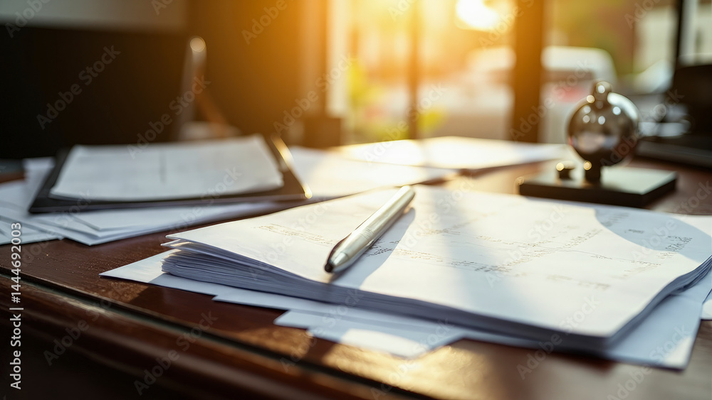 A desk with documents, a pen, and a globe, bathed in sunlight. This image shows a well-organized workspace ready for work A desk with documents, a pen, and a globe, bathed in sunlight. This image shows a well-organized workspace ready for work