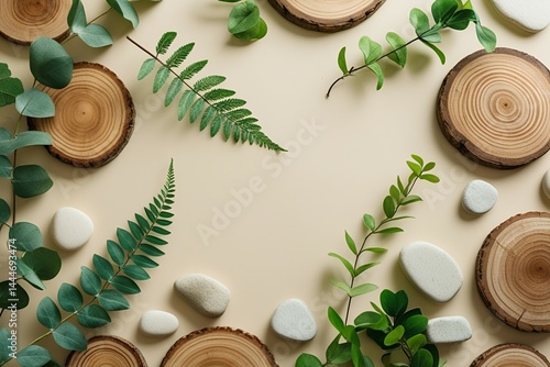 Wallpaper Mural Serene nature scene wood slices green leaves calming beige background perfect for spa or wellness projects Torontodigital.ca