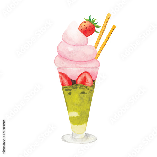 Watercolor illustration of a matcha parfait with strawberry soft serve, fresh strawberries, and biscuit sticks. Ideal for cafe menus, food packaging, label, banner, or sweet-themed designs.