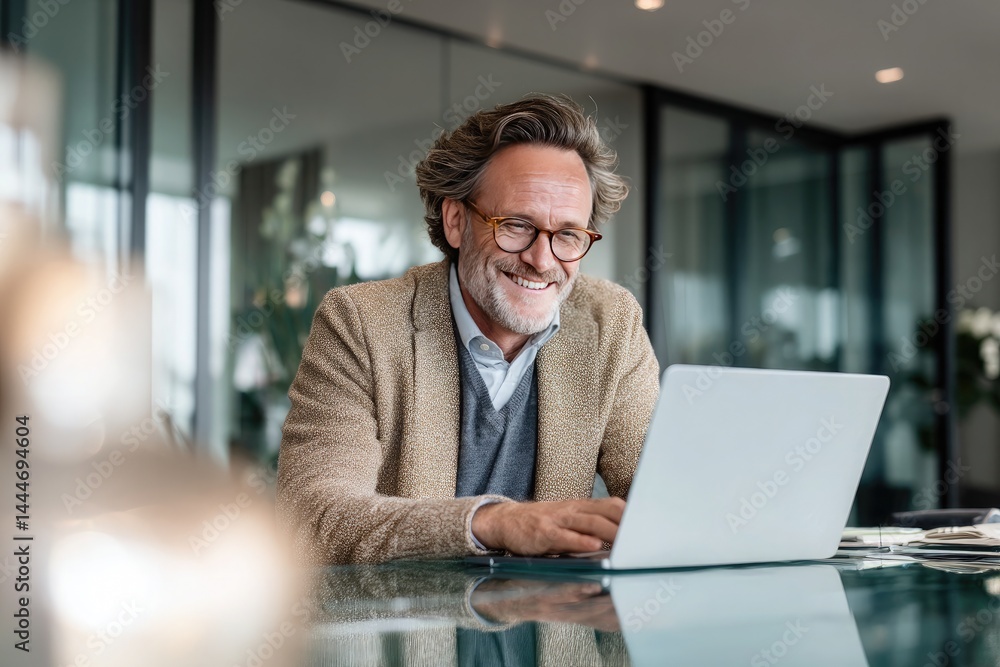 Candid photo of a happy, handsome senior businessman working on a laptop in a modern office. Candid photo of a happy, handsome senior businessman working on a laptop in a modern office.