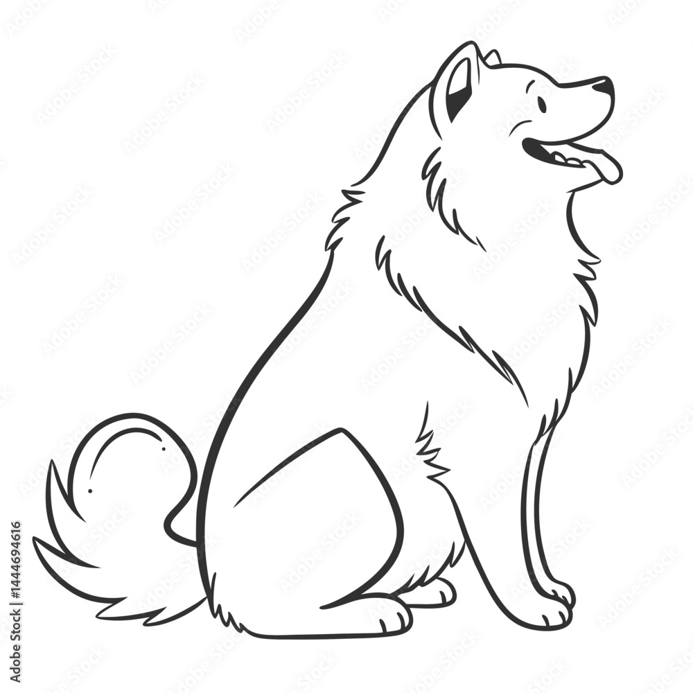 Fototapeta premium Cute Samoyed Dog Line Art Isolated, Sitting Pose, Breed Pet, Fluffy Tail, Smiling