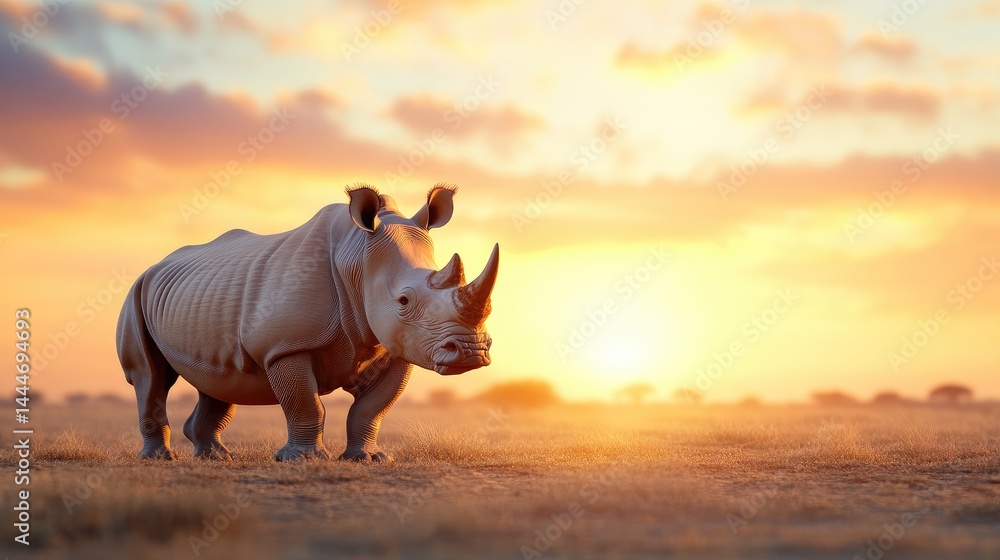 Fototapeta premium Majestic rhino at sunset in African savanna