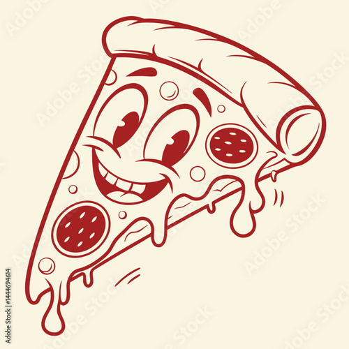Whimsical Pizza Slice Cartoon Character with Googly Eyes and Dripping Cheese Outline