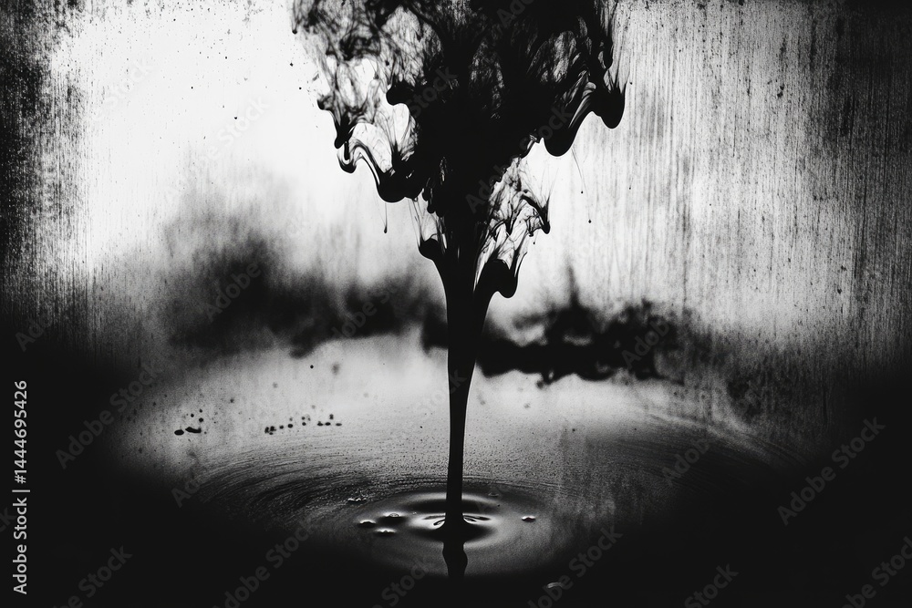 Obraz premium Dark ink explosion in water, dramatic black and white A fountain of inky liquid bursts upwards, creating swirling shapes and textures It lands on a still surface of the same liquid
