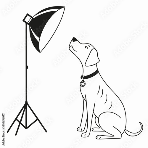 Minimalist Outline Sitting Dog with Collar Looking up at a Photography Studio Light