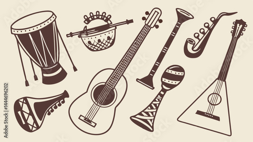 Hand Drawn Vintage Style Sketch of Diverse Musical Instruments Collection Line Art Illustration