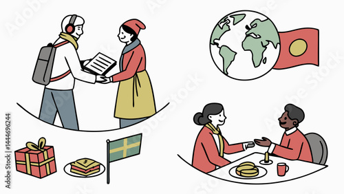 Simple Line Drawing People Exchanging, Global Map, Swedish Flag, Food, Business Meeting
