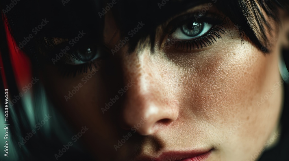 Close-up fashion portrait of a woman with bold red lipstick emphasizing beauty against a softly blurred background Close-up fashion portrait of a woman with bold red lipstick emphasizing beauty against a softly blurred background