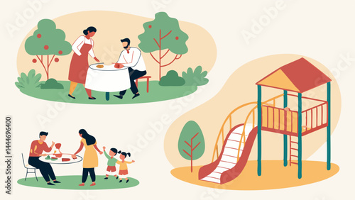 Summer outdoor leisure flat illustration families picnicking and kids playing at a park playground