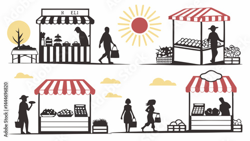 Outdoor Market Stalls Silhouette Illustration With Shoppers And Vendors Buying Produce Flat Style