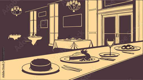 Stylized Sepia Illustration of Elegant Restaurant Interior with Food Counter and Dining Tables