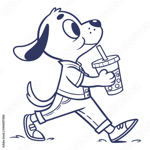Cartoon Dog Walking, Holding Drink Cup With Straw, Wearing Clothes, Line Art Style