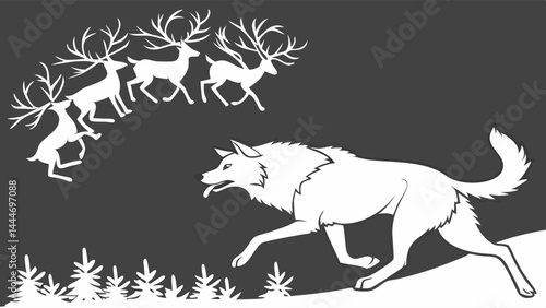 Black and White Graphic Illustration of a Wolf Chasing Reindeer in a Winter Snowy Forest