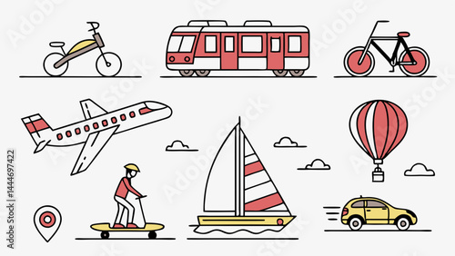 Simple Colorful Line Art Illustration Set of Various Transportation Vehicles Car Train Plane Bike Boat Balloon Skateboard