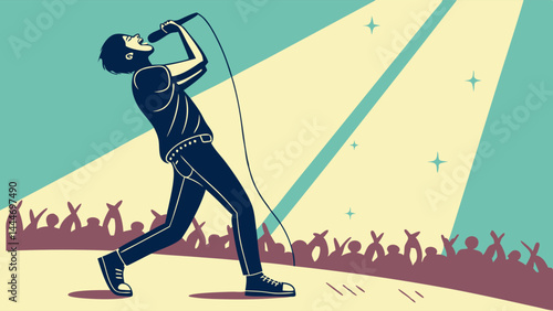 Live concert graphic art illustration of male singer performing on stage under spotlight with audience
