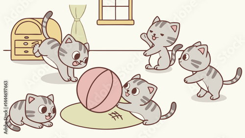 Adorable cartoon illustration of five playful grey tabby kittens having fun with a pink ball indoors.