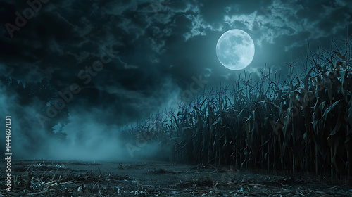 Mysterious Night Scene in a Foggy Cornfield under a Full Moon