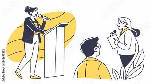 Flat illustration with yellow accents Woman speaks at podium interviewer with microphone and notebook