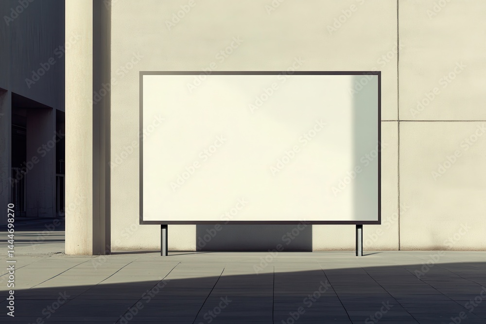 Empty billboard in urban setting casting shadows on pavement with modern architecture around Empty billboard in urban setting casting shadows on pavement with modern architecture around