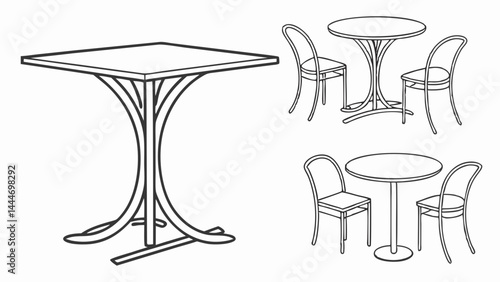 Line Art Drawing of Assorted Cafe and Bistro Tables and Chairs Furniture