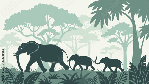 Walking Elephant Family Silhouette Flat Art Jungle Scene