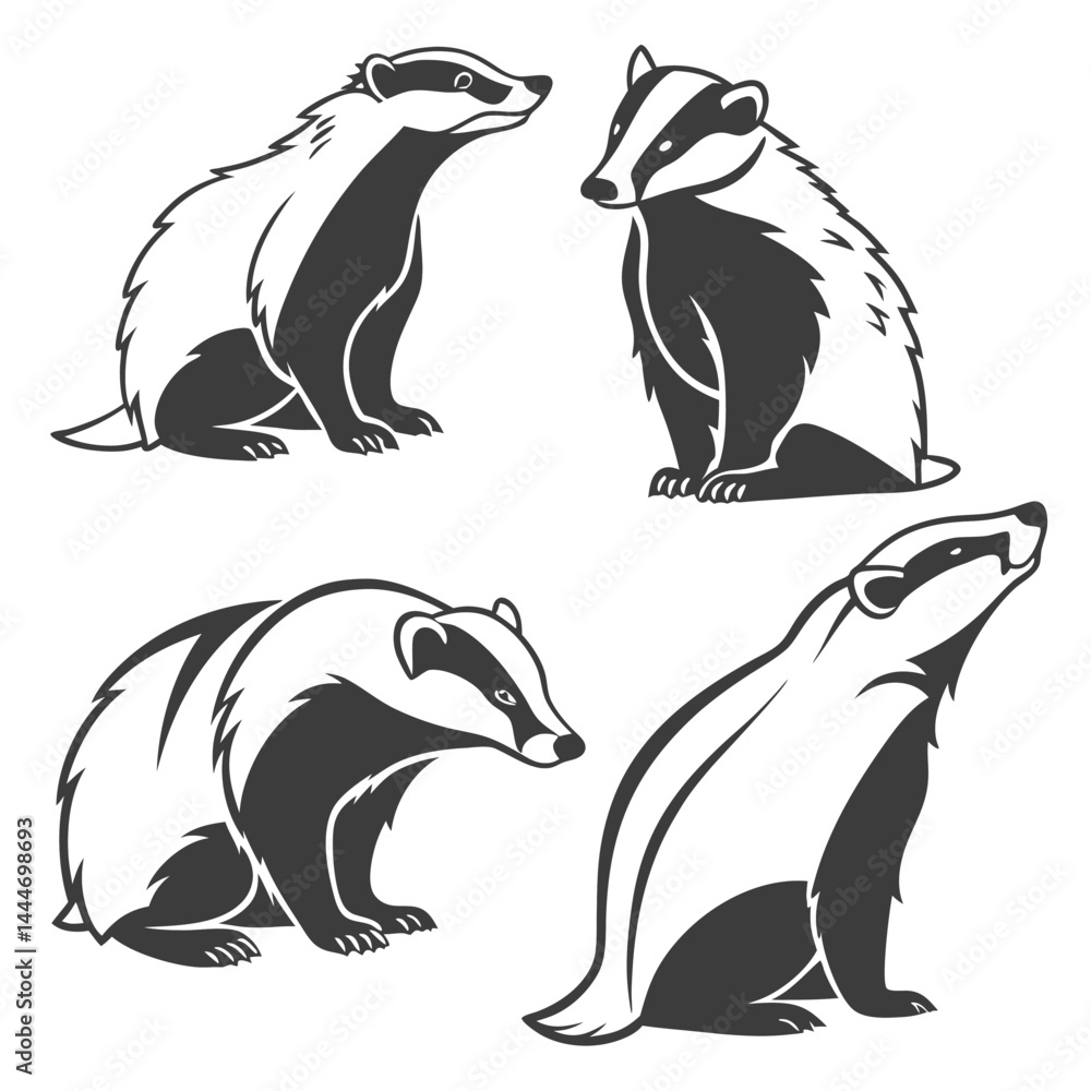 Naklejka premium Monochrome Silhouette Collection of Four Badger Poses on a White Background, Line Art