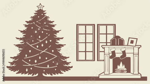 Classic Monochrome Christmas Interior Illustration with Tree Fireplace and Stockings