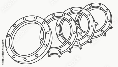 Technical Drawing Four Industrial Metal Rings Flanges Gears with and without Teeth