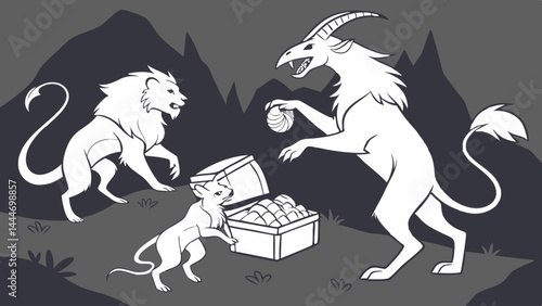 Black and White Fantasy Illustration Mythical Beast Lion Cub and Gold Treasure Chest