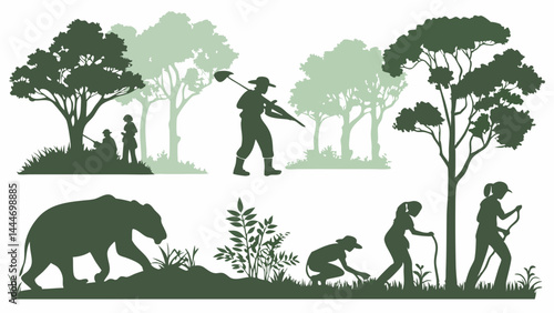 Green Silhouette Forest Art Wildlife Human Figures Hunting Gathering Exploring Nature Scene