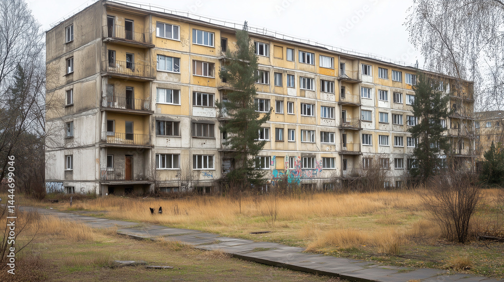 Abandoned Soviet-style apartment building with peeling paint and overgrown grass in a desolate urban setting. Abandoned Soviet-style apartment building with peeling paint and overgrown grass in a desolate urban setting.