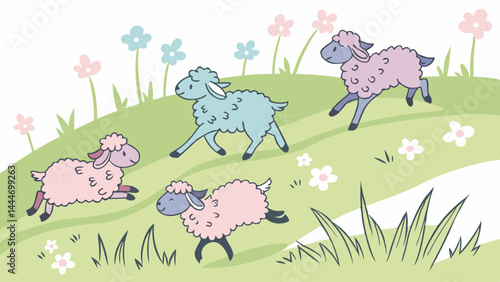 Adorable Colorful Cartoon Sheep Running On A Grassy Spring Meadow Hill With Flowers Illustration