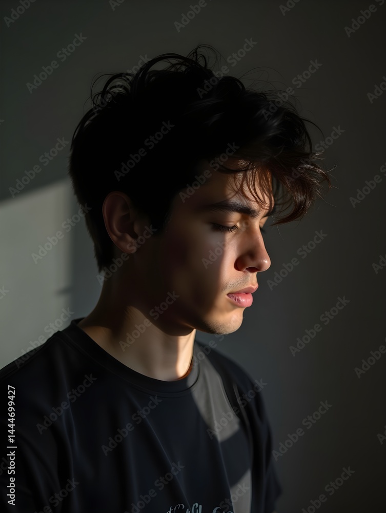 Fototapeta premium Young man with messy hair looking down in a studio with hard lighting creating shadows on face and background