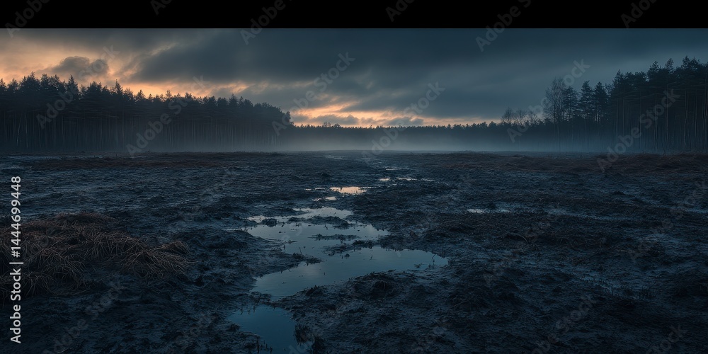 Obraz premium Dark and Moody Landscape with Water Pools and Distant Trees