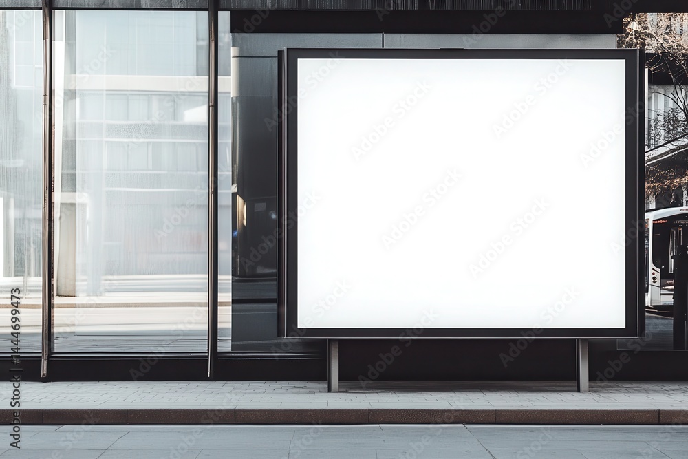 Empty billboard in urban setting with modern architecture and reflective glass buildings Empty billboard in urban setting with modern architecture and reflective glass buildings