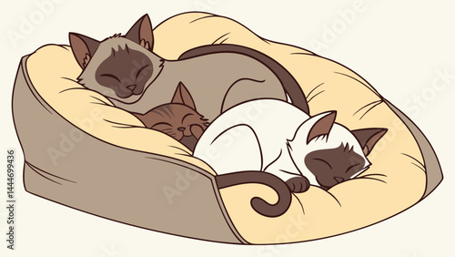 Three Adorable Cartoon Cats Sleeping Snugly in a Soft Pet Bed Cute Illustrated Cat Family