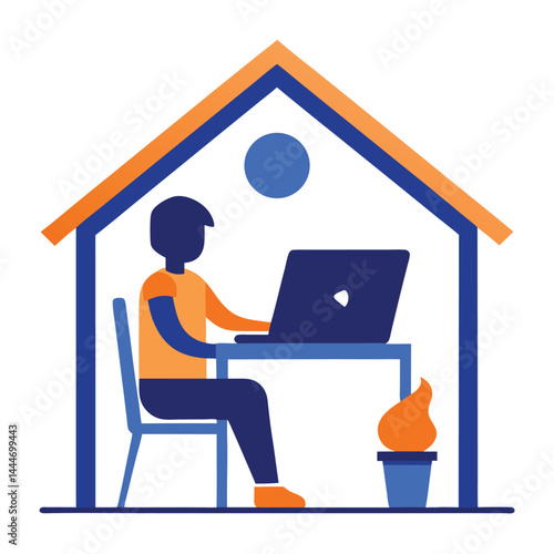 Isolated Silhouette of Person at Desk with Laptop Inside Blue and Orange Outline House