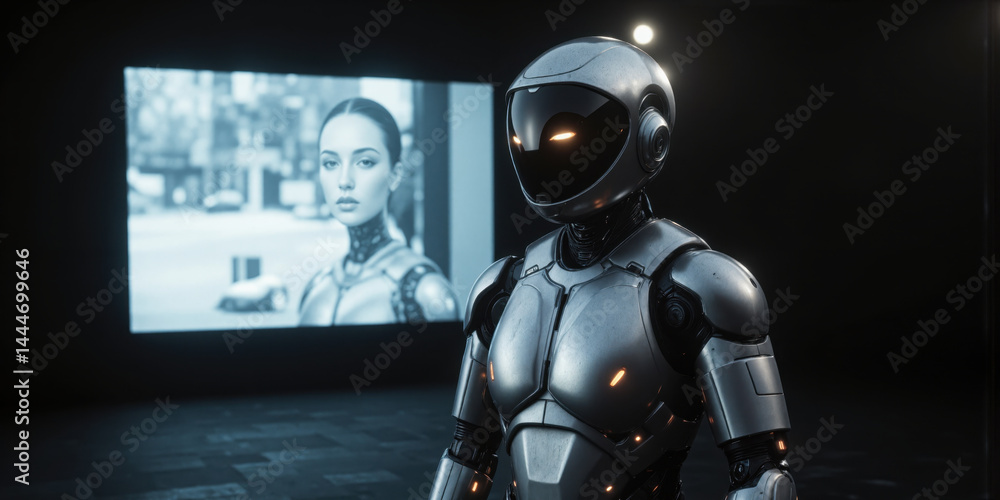 Robot Humanoid AI: Futuristic robot faces screen showing woman in a dark room, unknown purpose. Robot Humanoid AI: Futuristic robot faces screen showing woman in a dark room, unknown purpose.