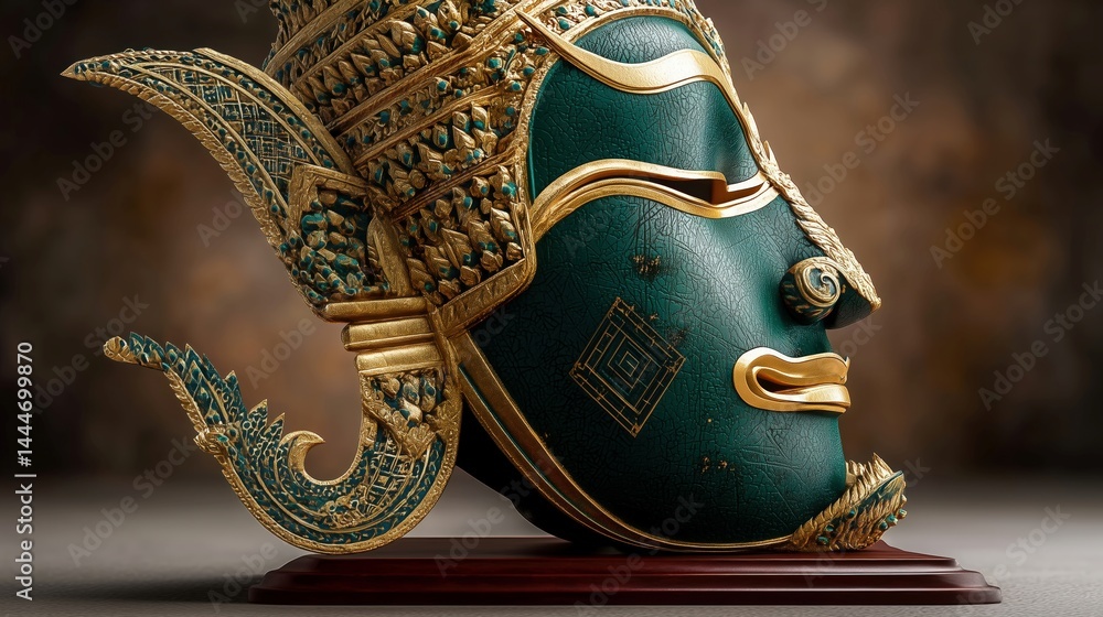 3D Profile View of Ornate Khon Thai Mask with Golden Trim