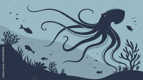 Large Dark Blue Octopus Swimming in the Ocean - Stylized Underwater Marine Life Illustration