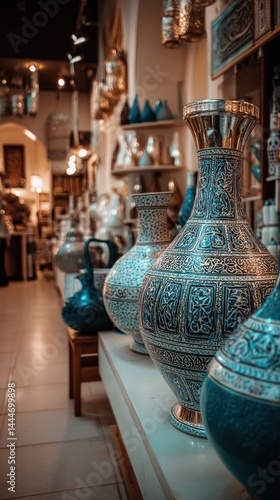 Decorative pottery display in a shop
