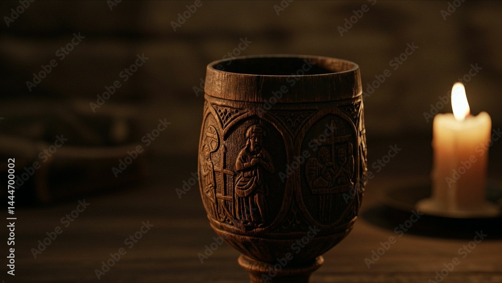 Wooden goblet with carved religious scenes by candlelight Wooden goblet with carved religious scenes by candlelight