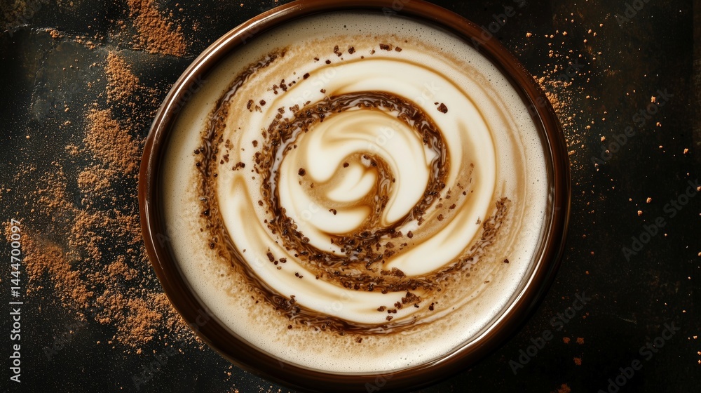 High Angle Shot of Latte Art with Swirls and Chocolate Garnish